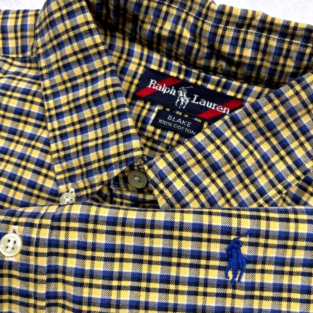 VTG 90s Ralph Lauren Button Shirt Men XL Yellow Blue Plaid Oversize Heavy Preppy